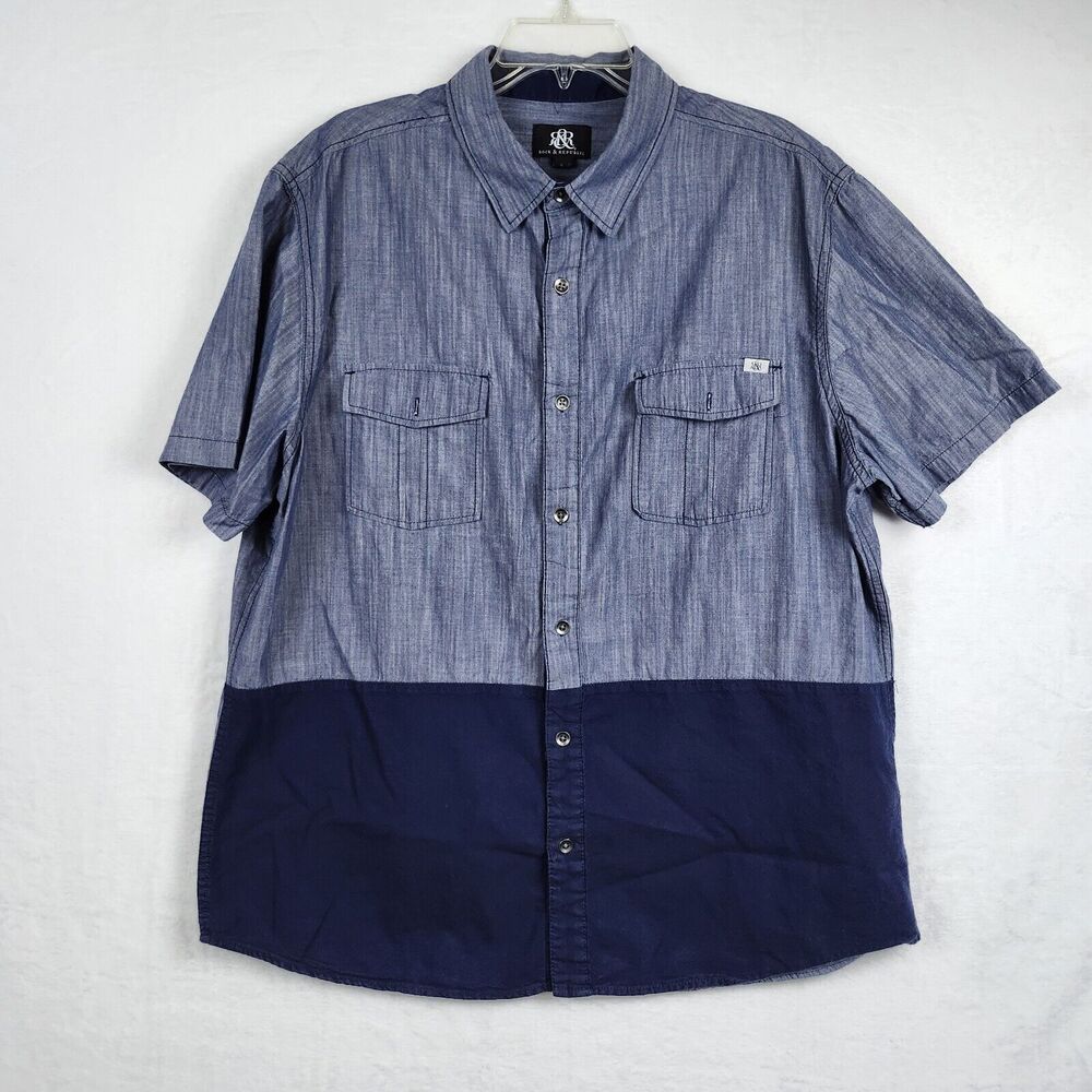 Rock & Republic Shirt Blue Two Tone Short Sleeve Button Up Size XL Front Pockets
